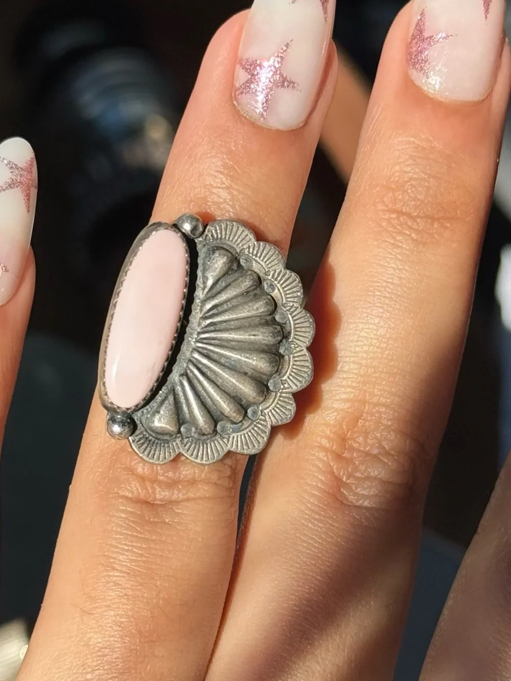 Silver Concho Ring with Pale Pink Stone - Women Jewelry